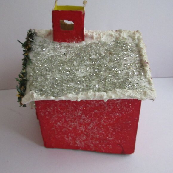 Handmade Putz Glitter Red House Retro Style Cardboard House Wreath Trim - Picture 7 of 11